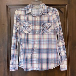 Women’s passport plaid button down shirt